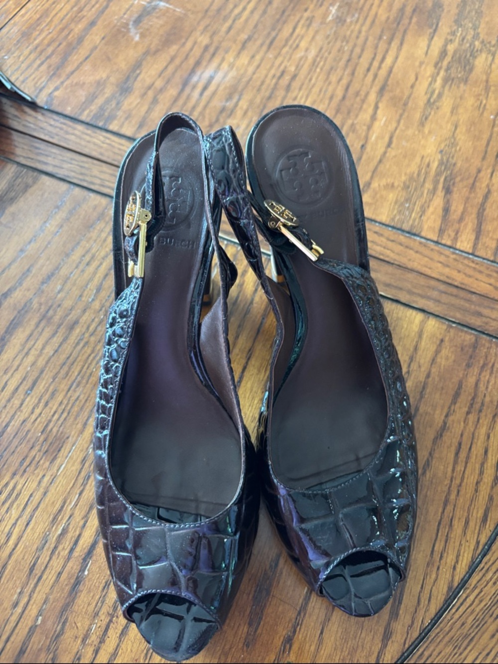Tory Burch Brown Croc-Embossed Peep-Toe Slingback Heels with Gold Hardware